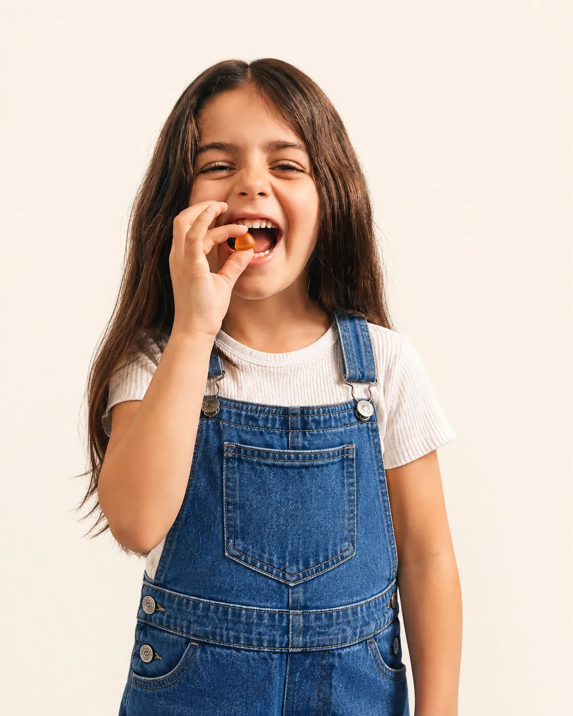 A girl in denim dungarees laughs as she eats a gummy
